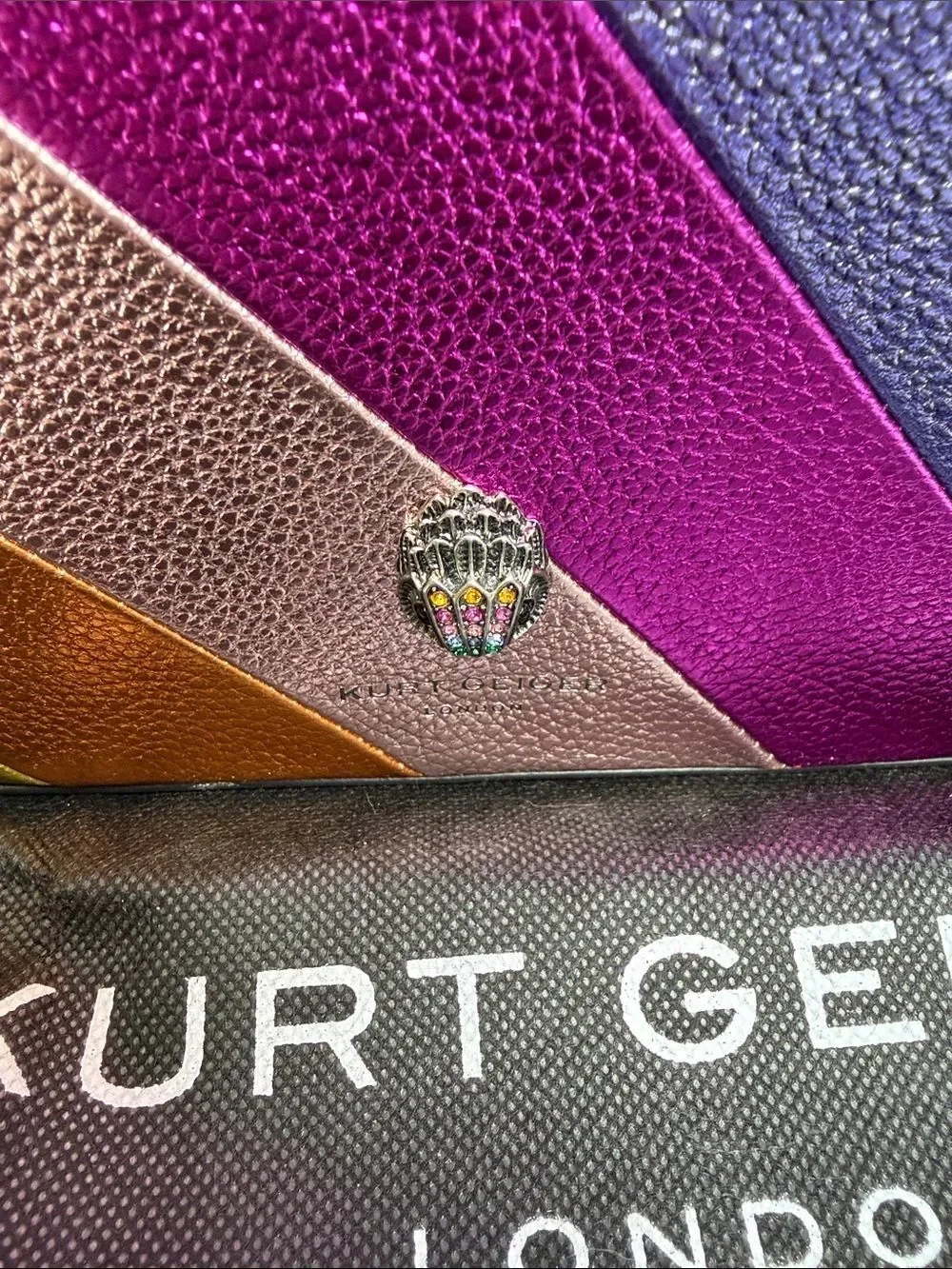Kurt Geiger Rainbow Diagonal Stripe Leather Crossbody with Purple Strap